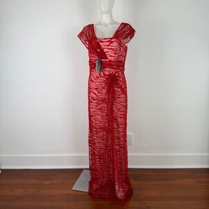 Tadashi Shoji Red Metallic Mesh Asymmetrical Gown ANT1924L  Womens 8 NWT